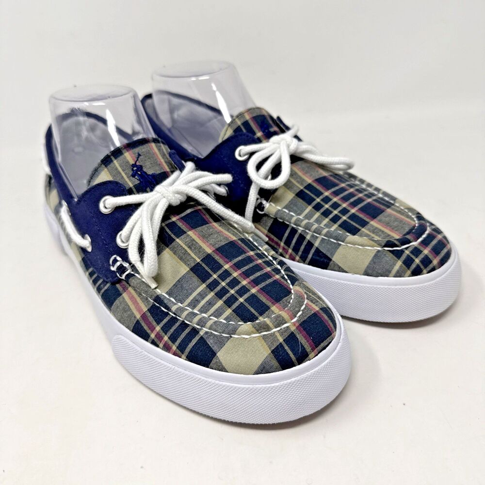 Polo Ralph Lauren Lander Pony Boat Shoes Mens 8.5D Madras Plaid Canvas Lace NEW